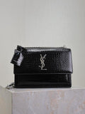 SAINT LAURENT motivo coccodrillo nero con fibbia argento·sunset 22 cm tramonto