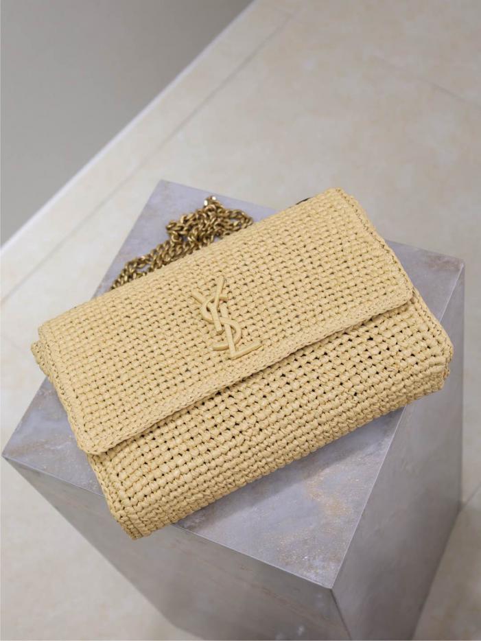 SAINT LAURENT rafia albicocca intrecciata con catena in pelle marrone Kate